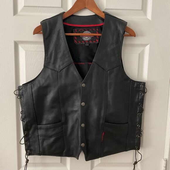 Milwaukee Motorcycle Leather Vest Concealed Carry Biker L Black Laced Sides - Picture 1 of 6
